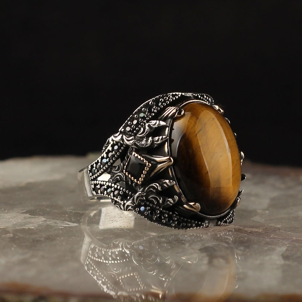 Tesbihevim | Men's Silver Ring with Tiger's Eye Stone - TryAladdin