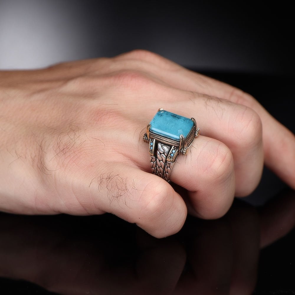 Tesbihevim | Chain Series Men's Silver Ring with Blue Topaz Stone - TryAladdin