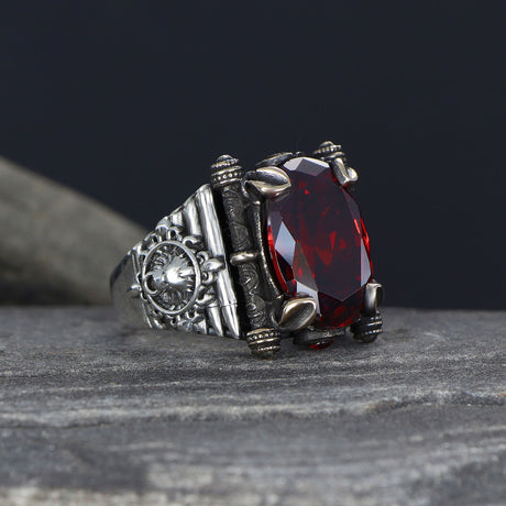 Tesbihevim | Men's Silver Ring with Red Zircon Stone - TryAladdin