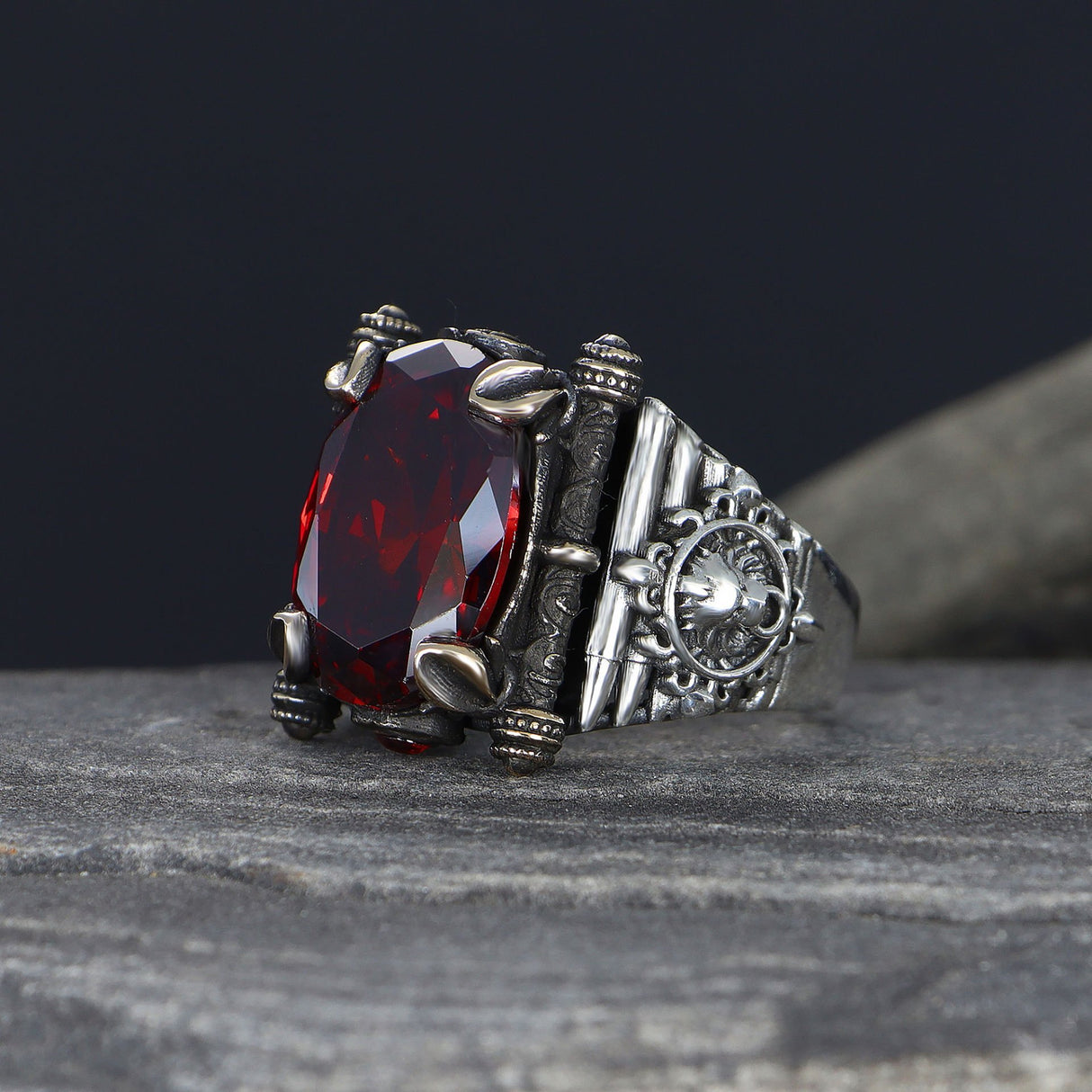 Tesbihevim | Men's Silver Ring with Red Zircon Stone - TryAladdin