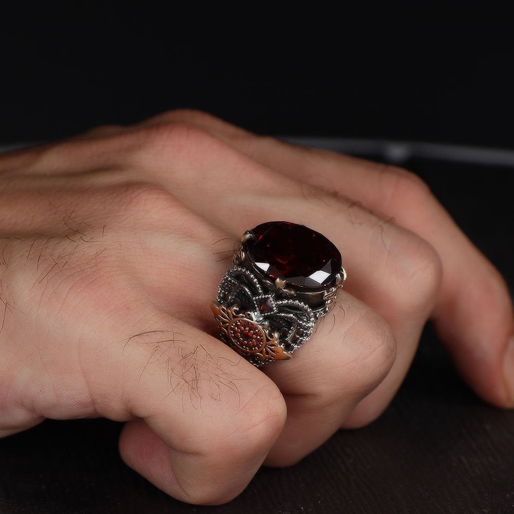 Tesbihevim | Men's Silver Ring with Red Zircon Stone - TryAladdin