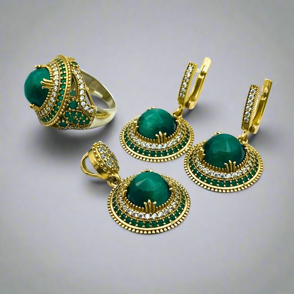 Istanbul Jewelry | Malachite Ottoman Style Handmade Silver Jewelry Set - TryAladdin