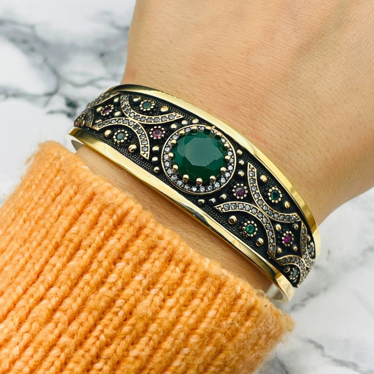 Istanbul Jewelry | Paraiba Ottoman Style Adjustable Cuff Handmade Silver Bracelet - TryAladdin