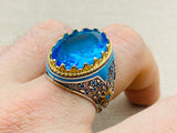 Blue Aquamarine Oval Stone Men's Ring - TryAladdin