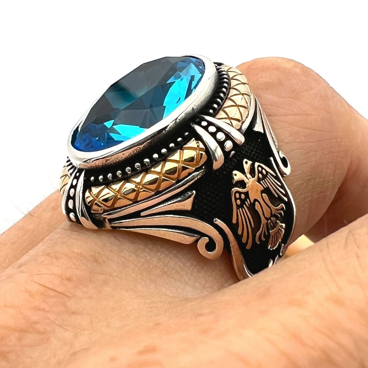 Blue Aquamarine Stone Double Headed Eagle Ring - TryAladdin