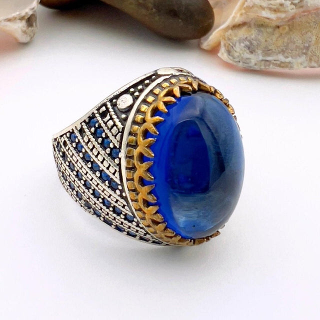 Blue Oval Sapphire Stone Men's Ring - TryAladdin