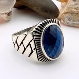 Blue Oval Sapphire Stone Men's Silver Ring - TryAladdin