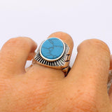 Blue Oval Turquoise Stone Men's Silver Ring - TryAladdin