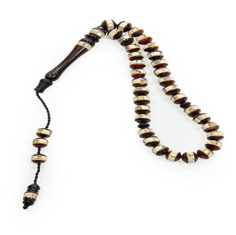 Brown and White Embroidered Kuka Wood Tasbih with 33 Beads - TryAladdin