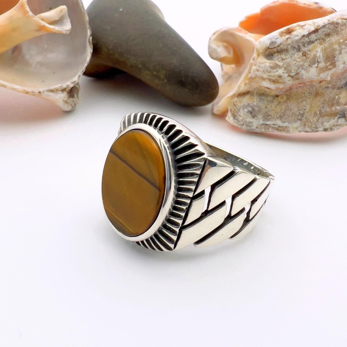 Brown Tiger's Eye Stone Men's Silver Ring - TryAladdin