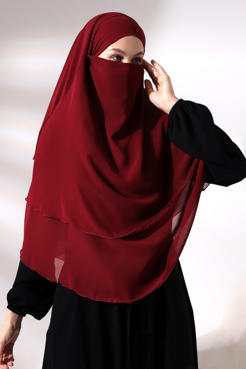 Claret Red Three Layer Veiled Short Chiffon Hijab Souffle Scarf - TryAladdin