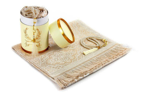 Cylender Boxed Prayer Rug and Pearl Tasbih Gift Set, Cream Color - TryAladdin