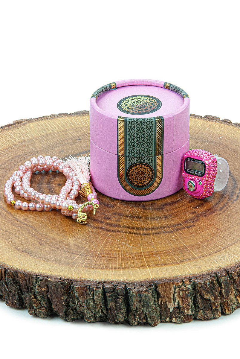 Cylinder Boxed Pearl Tasbih and Stone Designed Dhikrmatic Gift Set Pink - TryAladdin