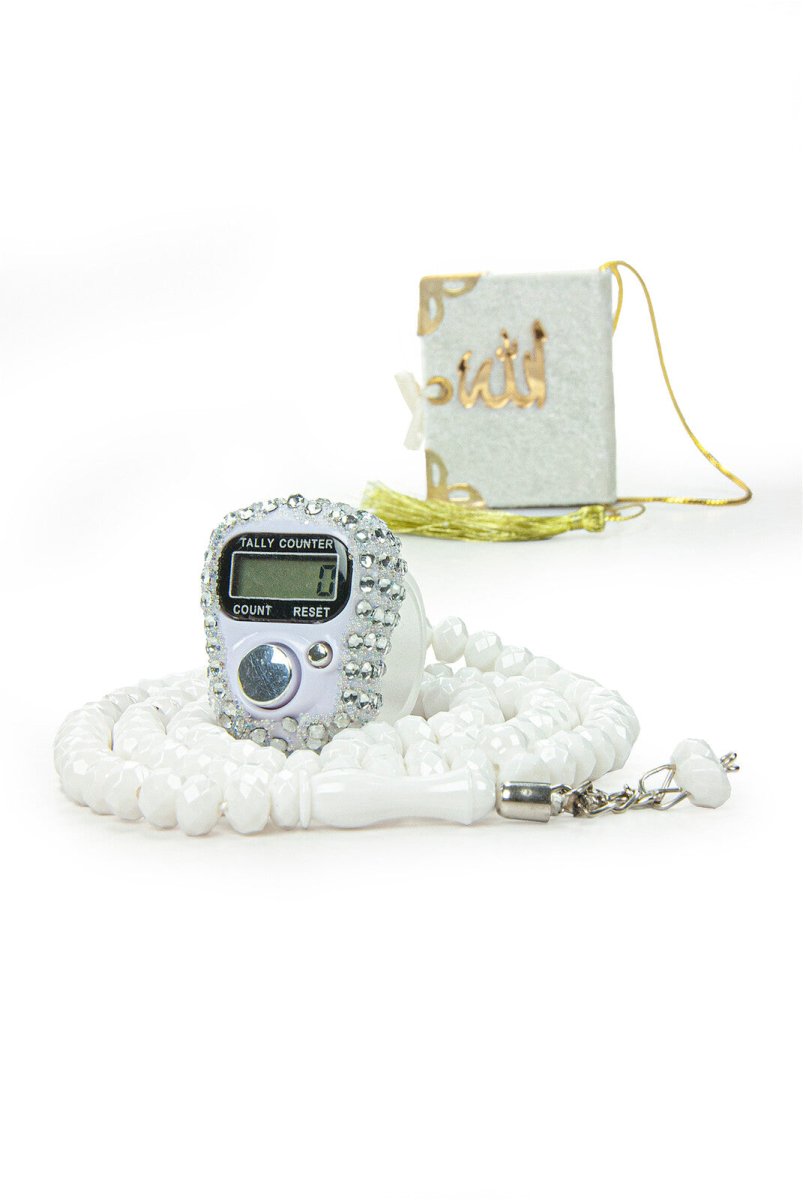 Hajj Umrah Gift Set with Mini Quran, Crystal Stone Prayer Bead and Stone Designed Dhikrmatic, White Color - TryAladdin