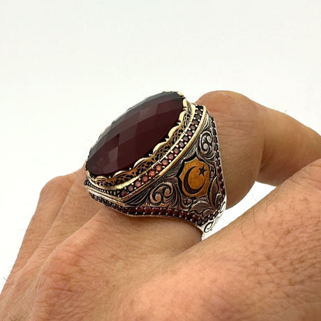 Handmade Men's Red Zircon Stone Silver Ring - TryAladdin