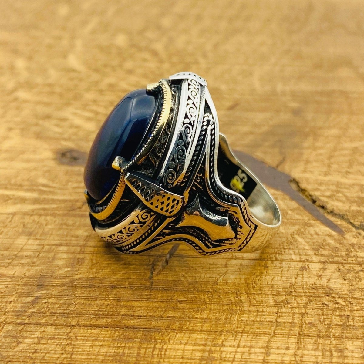 Men Blue Lapis Lazuli Silver Ring - TryAladdin