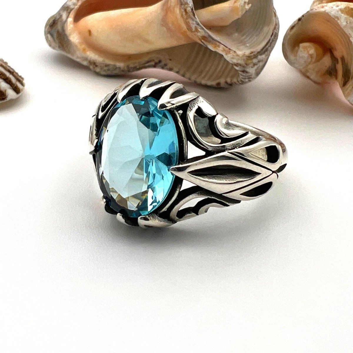 Men's Aquamarine Stone Blue 925 Sterling Silver Ring - TryAladdin