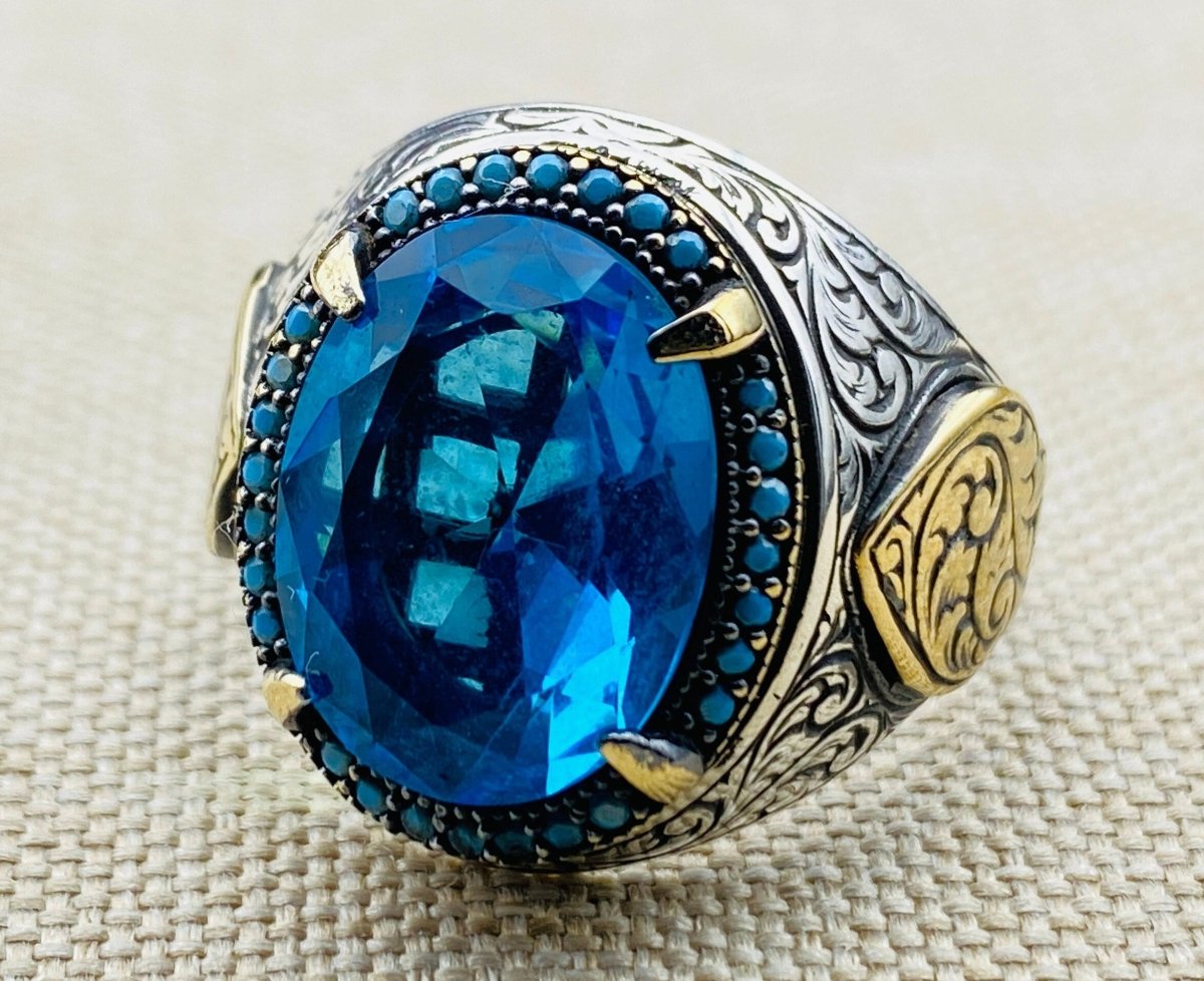 Men's Aquamarine Stone Blue 925 Sterling Silver Ring - TryAladdin