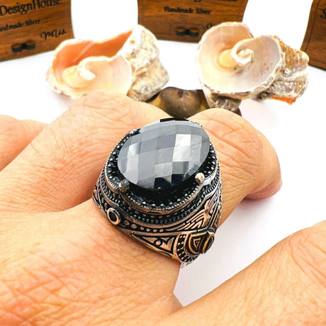 Men's Black Onyx Oval Stone Silver Ring - TryAladdin