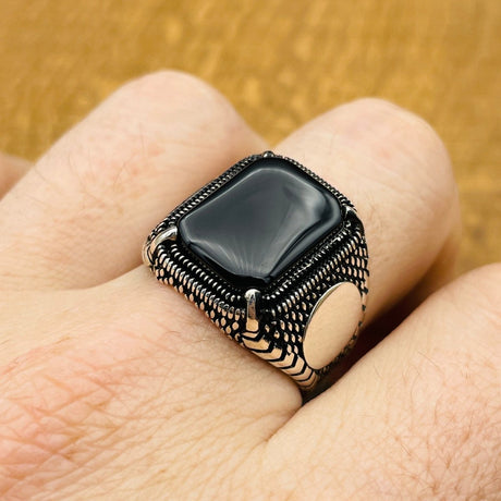 Men's Black Onyx Stone Silver Ring - TryAladdin