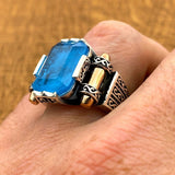 Men's Blue Tourmaline Squared Stone SIlver Ring - TryAladdin