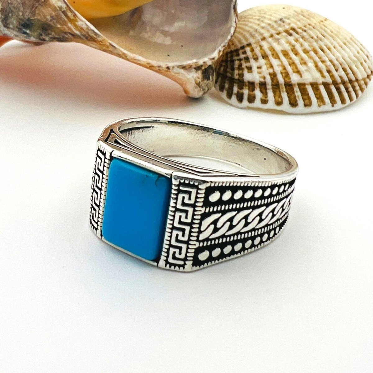 Men's Blue Turquoise Stone Turkish Handmade Silver Ring - TryAladdin