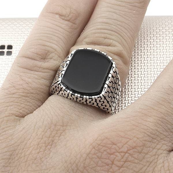 Men's Chain Patterned Plain Stone Handmade Silver Ring - TryAladdin