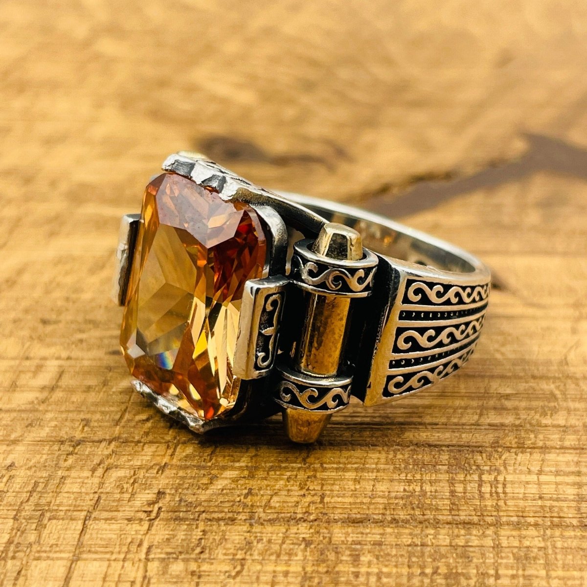 Men's Champagne Citrine Square Ring - TryAladdin