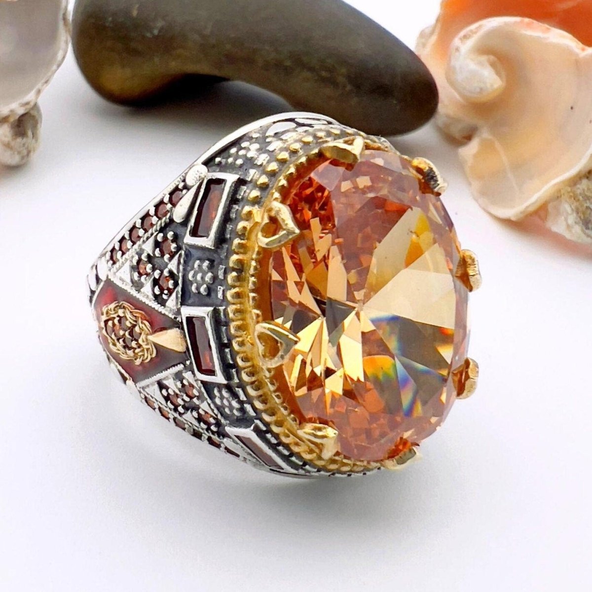 Men's Champagne Citrine Stone Silver Ring - TryAladdin