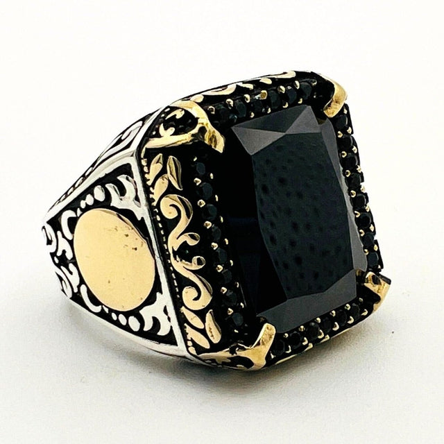 Men's Embroidered Onyx Silver Ring - TryAladdin