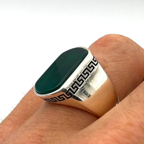 Men's Green Agate Stone Silver Ring - TryAladdin