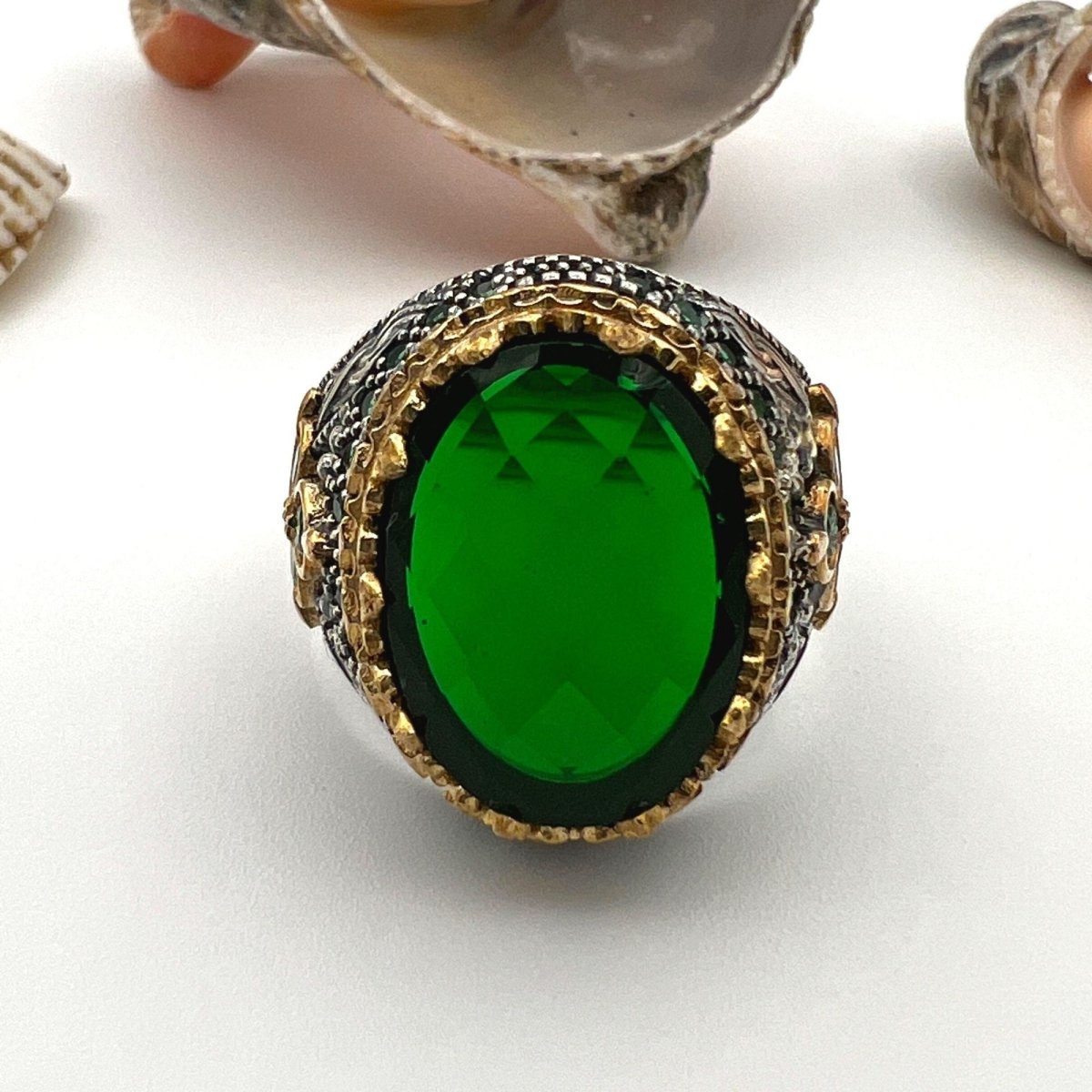 Men's Green Emerald Stone Silver Ring - TryAladdin