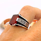 Men's Handmade Red Agate Minimalist Silver Ring - TryAladdin