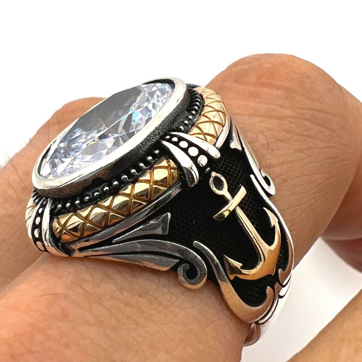 Men's Handmade White Zircon Stone Anchor Ring - TryAladdin