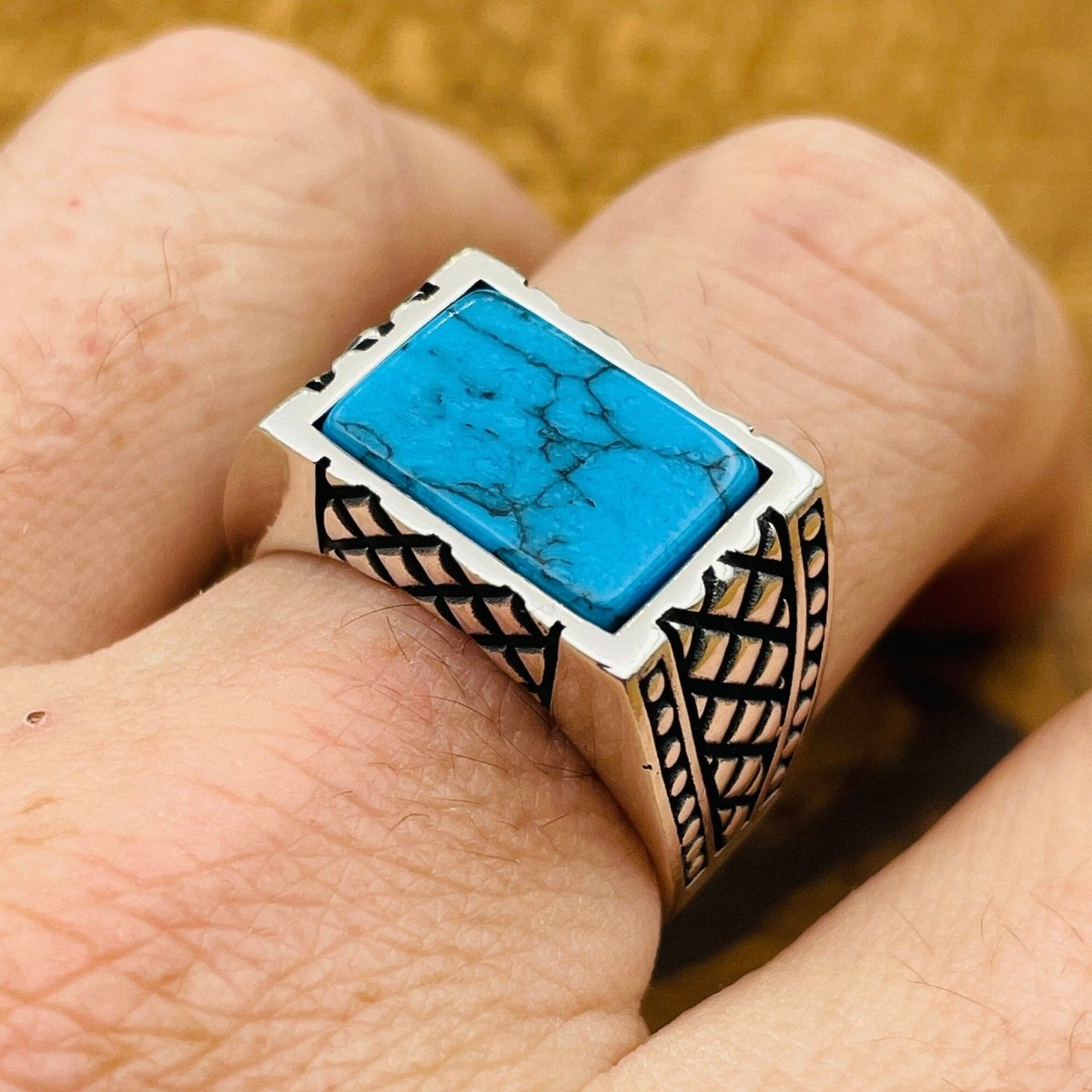 Men's Rectangle Blue Turquoise Stone Ring - TryAladdin