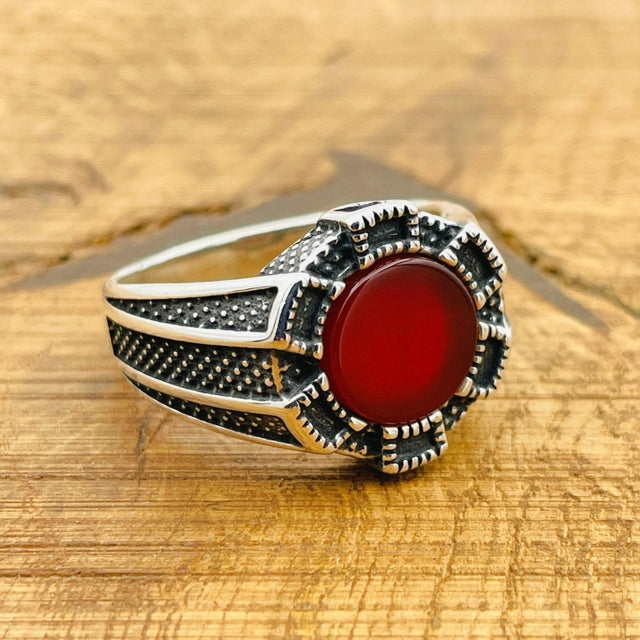 Men’s Red Agate Oval Ring - TryAladdin