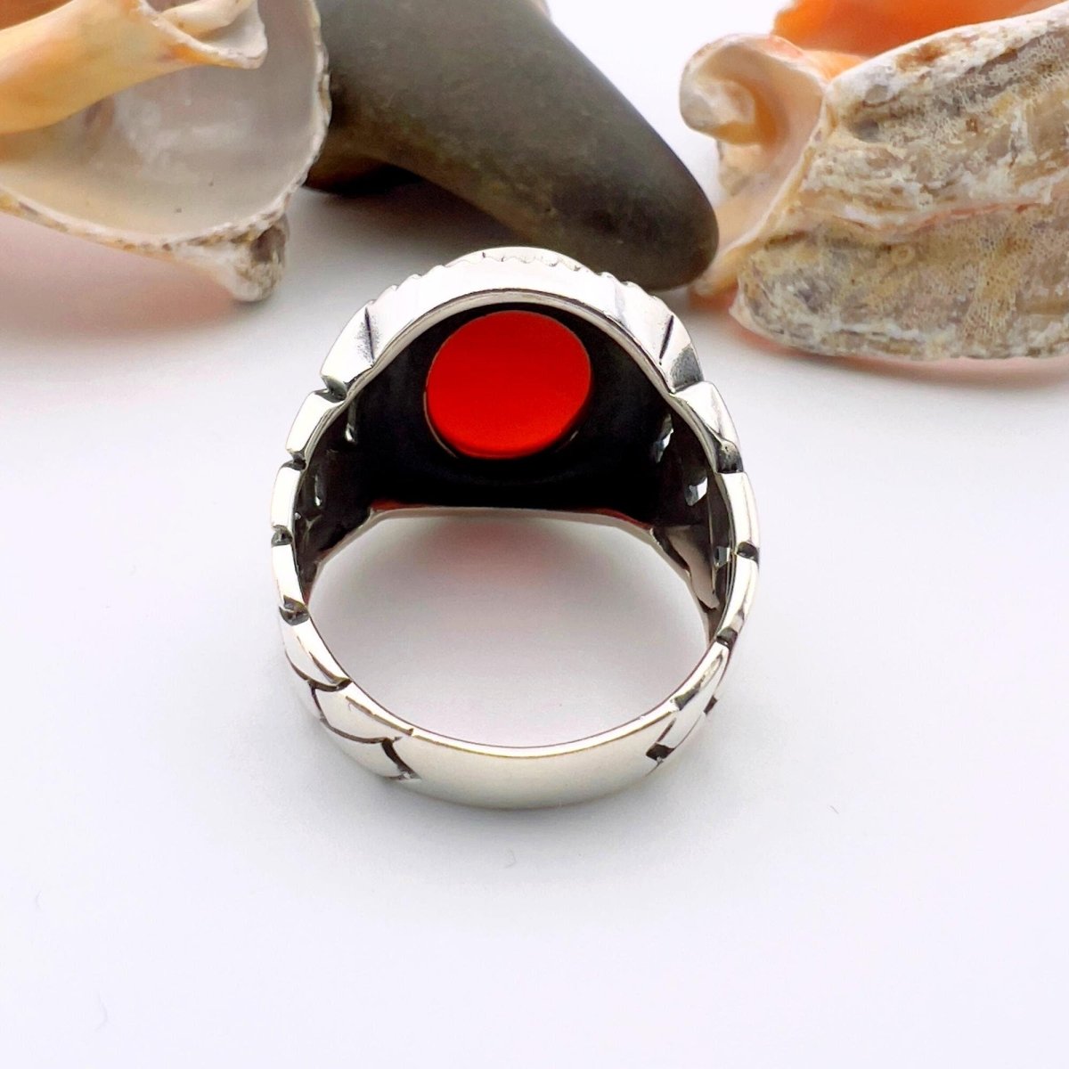 Men's Red Agate Stone Silver Ring - TryAladdin