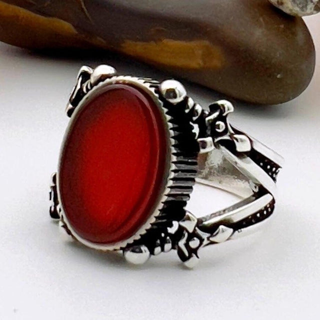 Men's Red Agate Stone Silver Ring - TryAladdin