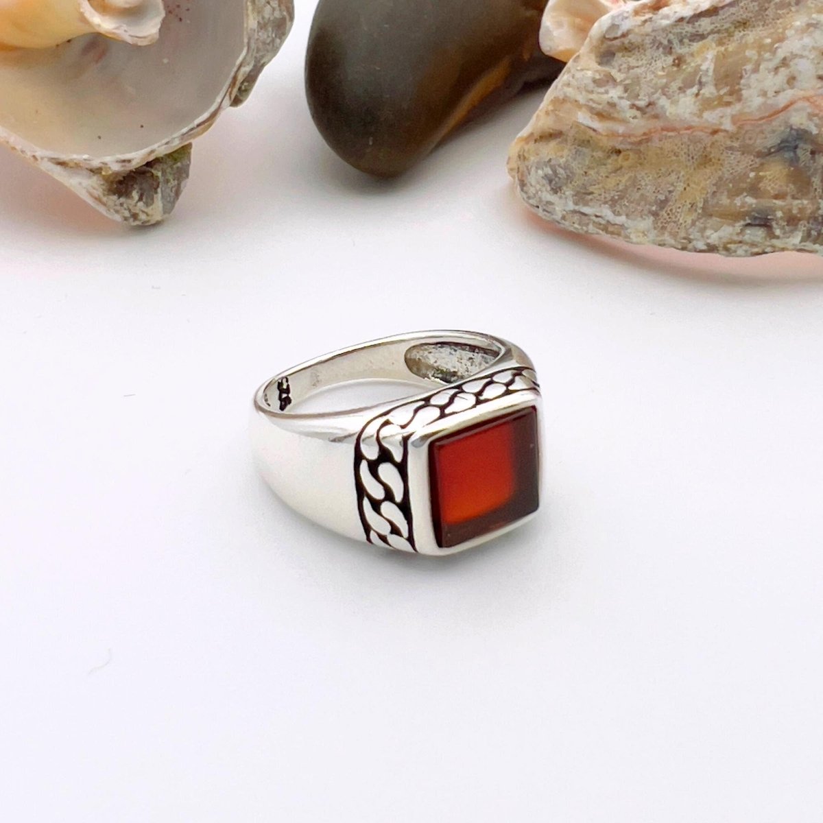 Men's Red Agate Stone Silver Ring - TryAladdin