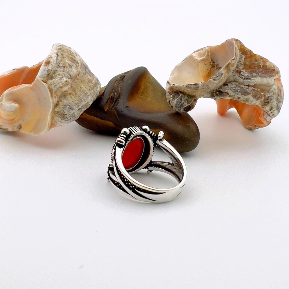 Men's Red Agate Stone Silver Ring - TryAladdin