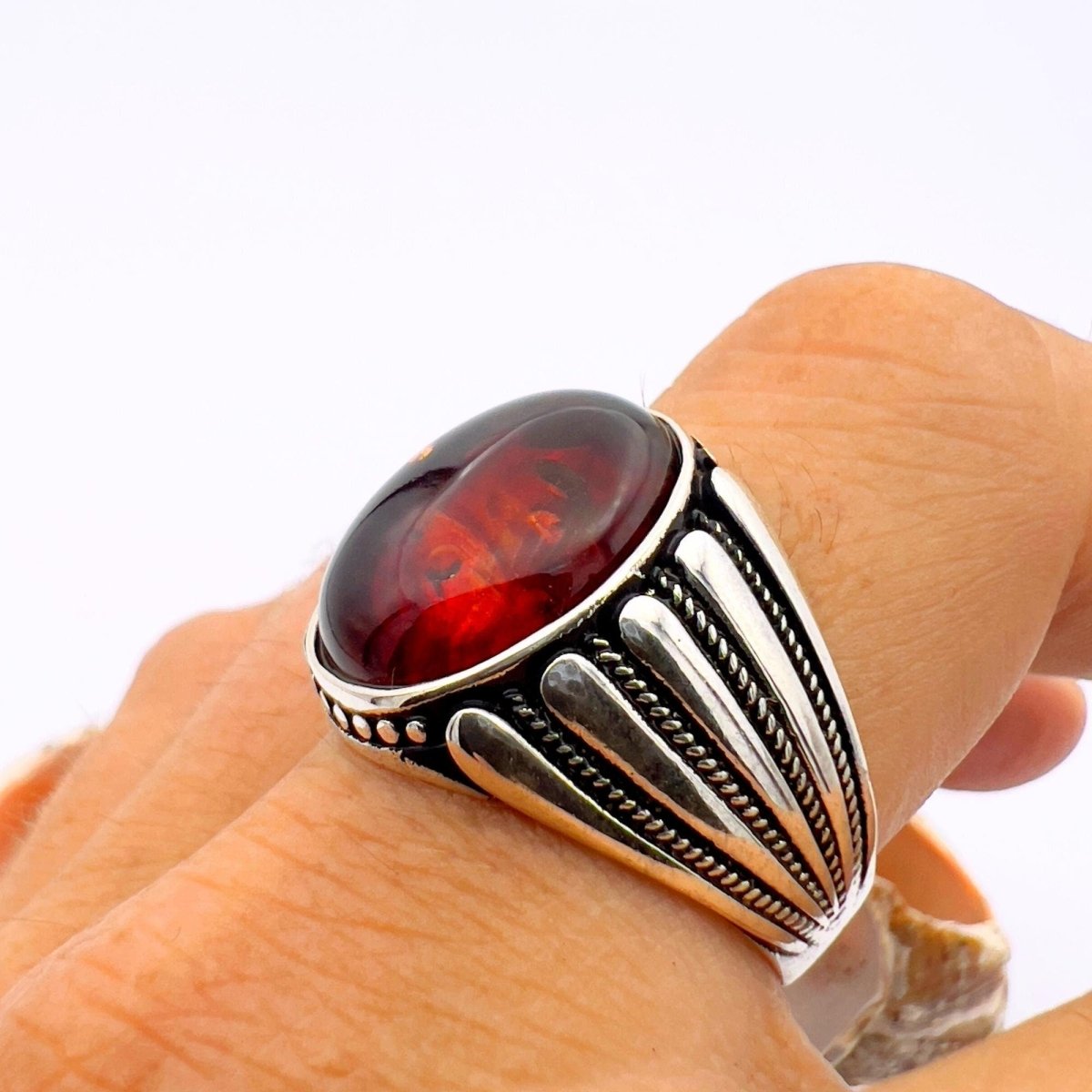 Men's Red Amber Stone Silver Ring - TryAladdin