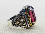 Men's Red Ruby Stone Silver Ring - TryAladdin