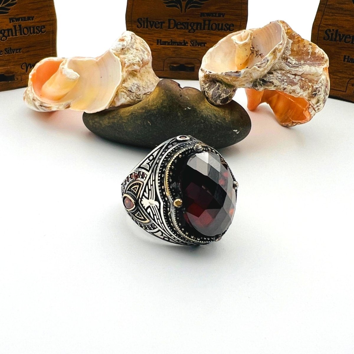 Men's Red Zircon Oval Stone Silver Ring - TryAladdin