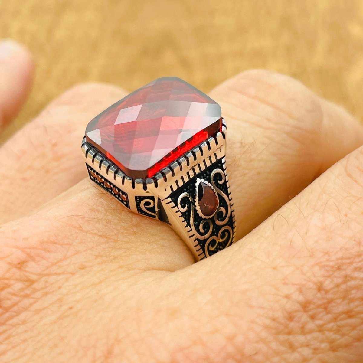 Men's Red Zircon Silver Ring - TryAladdin