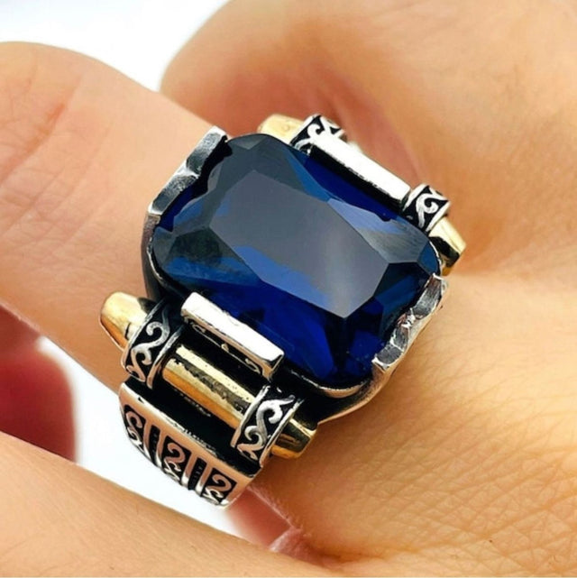 Mens' Sapphire Stone Silver Ring - TryAladdin