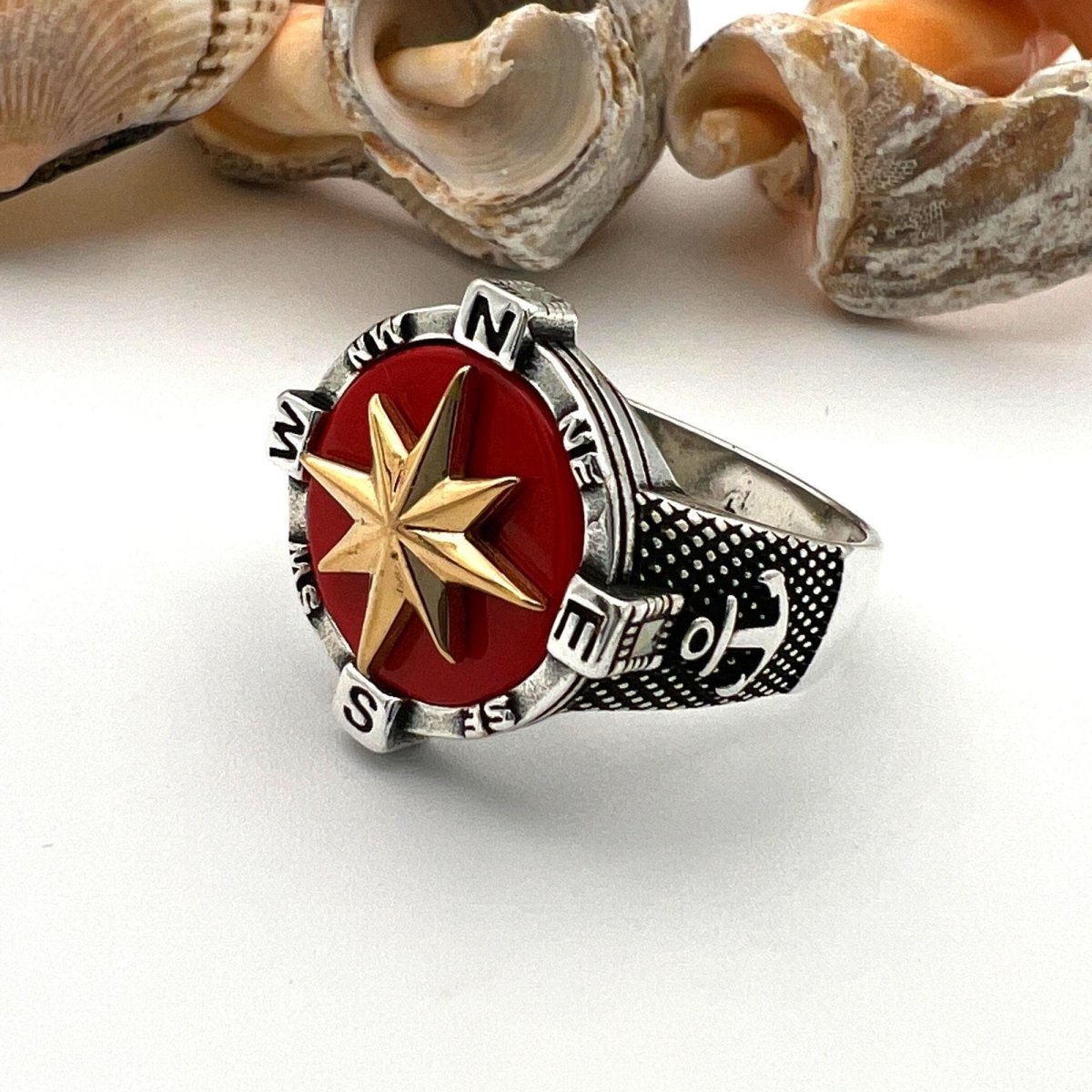 Men's Silver Compass Ring with Agate Stone - TryAladdin