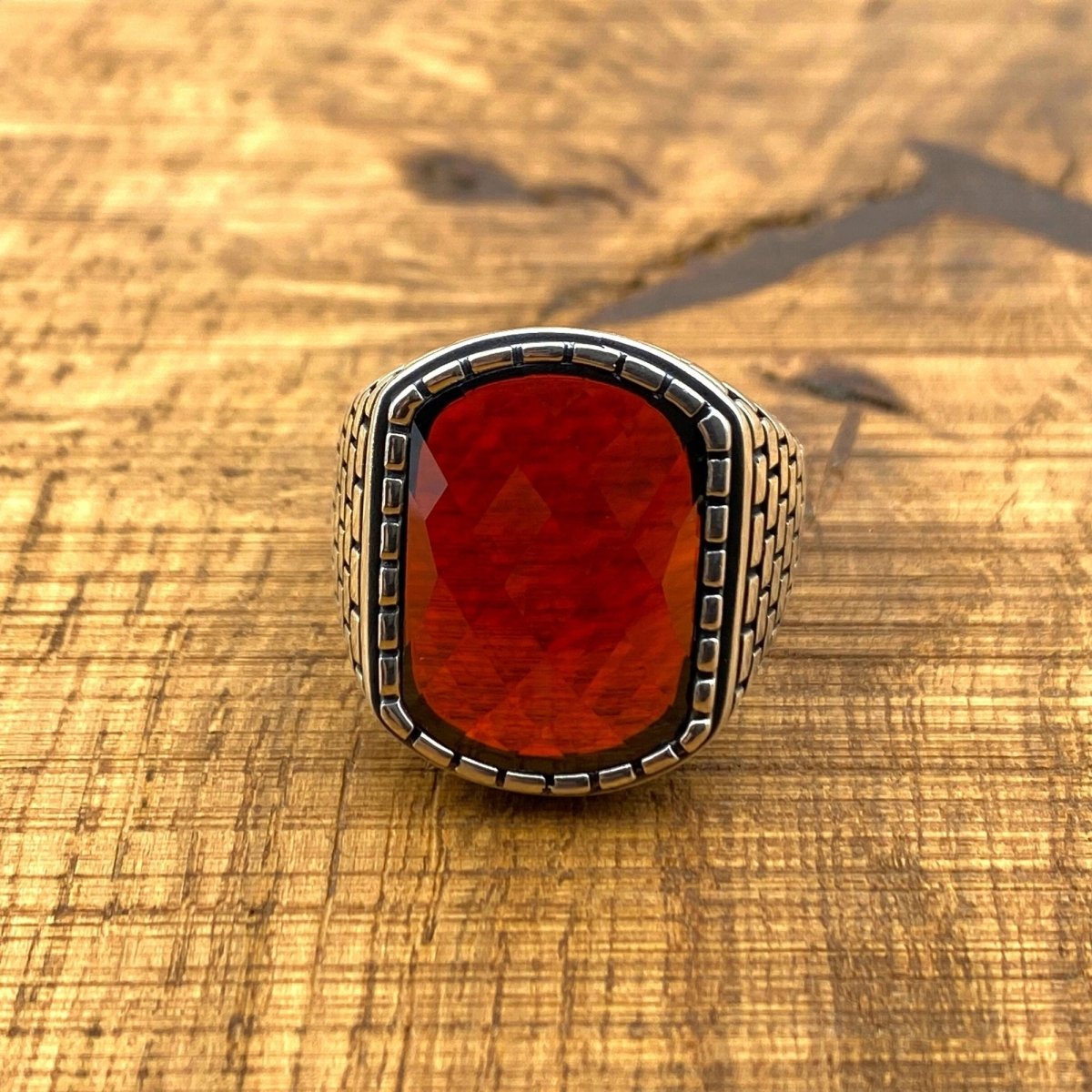 Men's Square Red Zircon Stone Silver Ring - TryAladdin