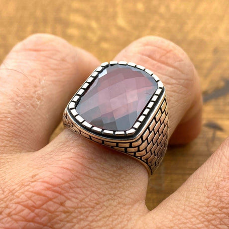 Men's Square Red Zircon Stone Silver Ring - TryAladdin