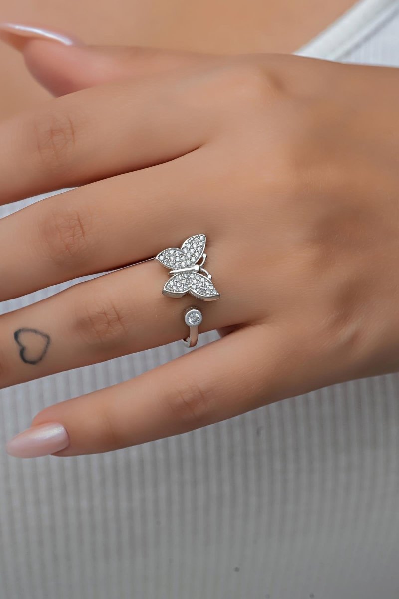 Nereze | Rhodium Butterfly Adjustable Size Ring - TryAladdin