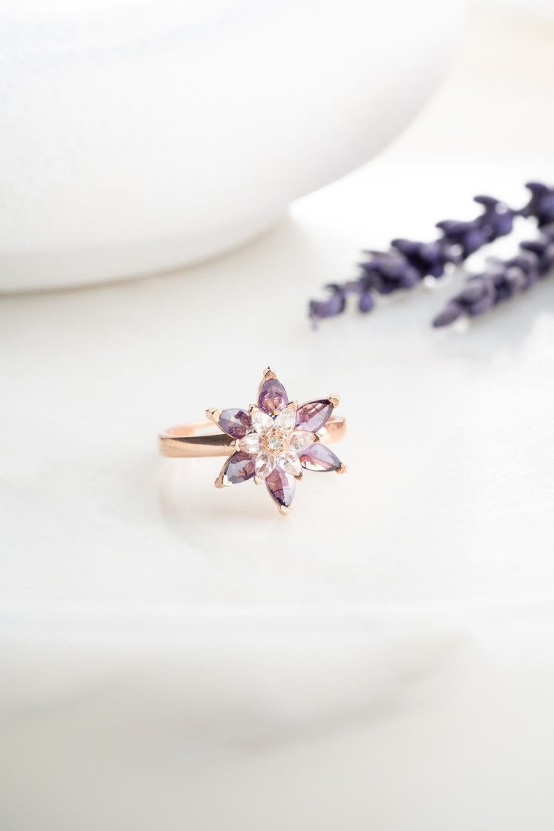 Nereze | Rose Purple and White Stone Lotus Flower Adjustable Size Ring - TryAladdin